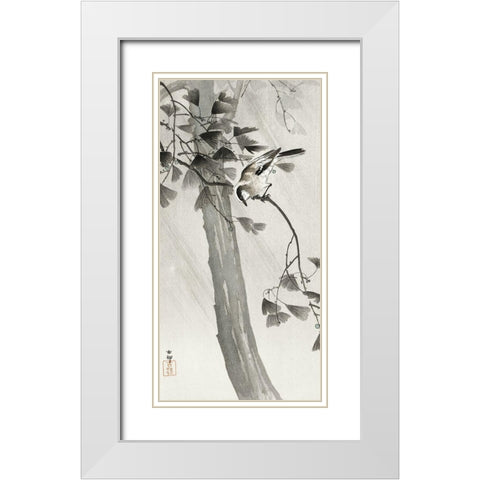 Long-tailed tit in storm White Modern Wood Framed Art Print with Double Matting by Koson, Ohara