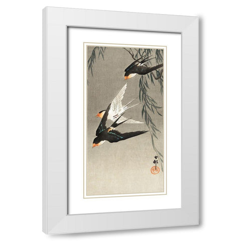 Three red-tailed swallows in dive White Modern Wood Framed Art Print with Double Matting by Koson, Ohara