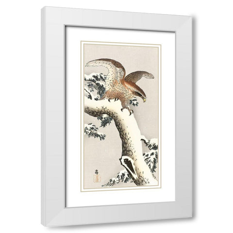 Eagle on a tree branch White Modern Wood Framed Art Print with Double Matting by Koson, Ohara