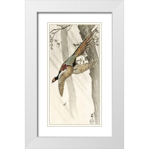 Flying pheasant White Modern Wood Framed Art Print with Double Matting by Koson, Ohara