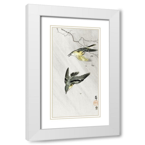 Songbirds in rain White Modern Wood Framed Art Print with Double Matting by Koson, Ohara