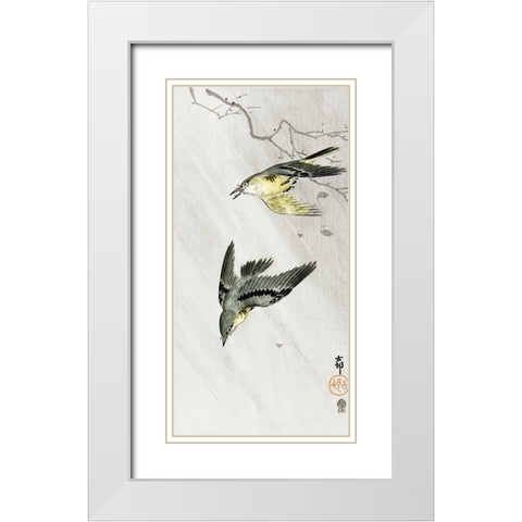 Songbirds in rain White Modern Wood Framed Art Print with Double Matting by Koson, Ohara