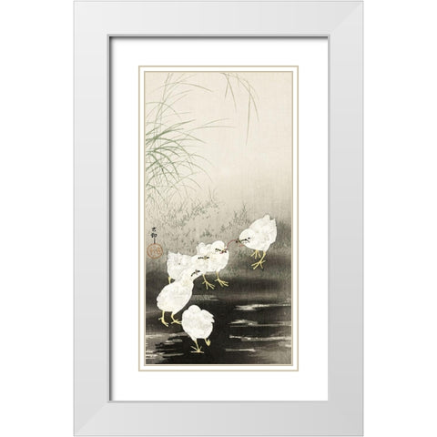 Chicks eating worms White Modern Wood Framed Art Print with Double Matting by Koson, Ohara