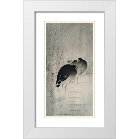 Moorhills between reeds White Modern Wood Framed Art Print with Double Matting by Koson, Ohara