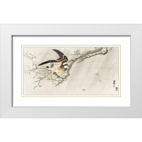 Gray starling in storm White Modern Wood Framed Art Print with Double Matting by Koson, Ohara