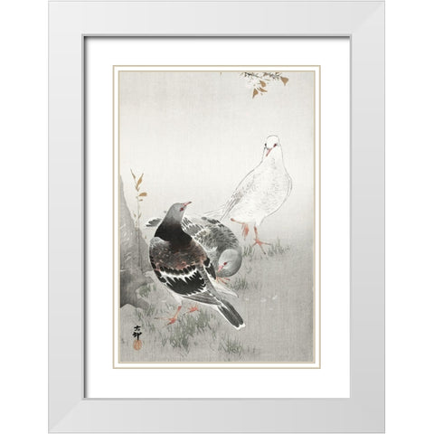 Three pigeons White Modern Wood Framed Art Print with Double Matting by Koson, Ohara