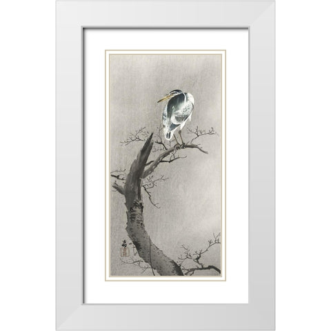 Kwak on branch White Modern Wood Framed Art Print with Double Matting by Koson, Ohara