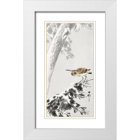 Indian quack on snowy tree branch White Modern Wood Framed Art Print with Double Matting by Koson, Ohara