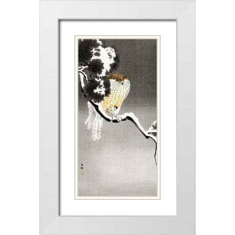 Hawk with sparrow White Modern Wood Framed Art Print with Double Matting by Koson, Ohara
