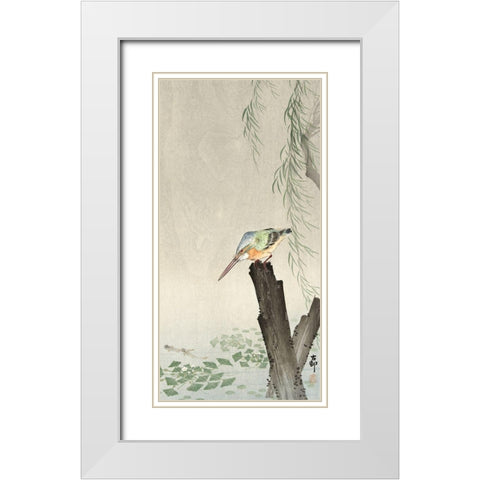 Kingfisher on a tree stump White Modern Wood Framed Art Print with Double Matting by Koson, Ohara