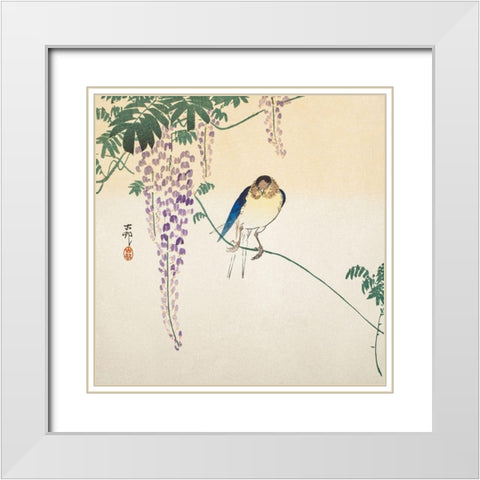 Wisteria and Swallow White Modern Wood Framed Art Print with Double Matting by Koson, Ohara