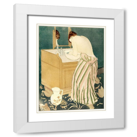 Woman Bathing White Modern Wood Framed Art Print with Double Matting by Cassatt, Mary