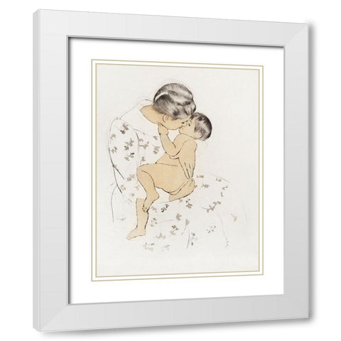 Mothers Kiss White Modern Wood Framed Art Print with Double Matting by Cassatt, Mary