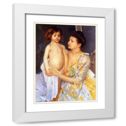 Jules Being Dried by His Mother White Modern Wood Framed Art Print with Double Matting by Cassatt, Mary