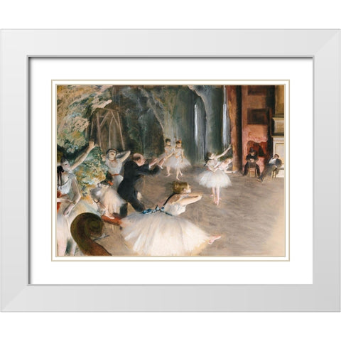 The Rehearsal Onstage White Modern Wood Framed Art Print with Double Matting by Degas, Edgar