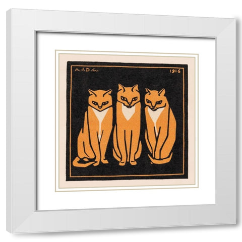 Three cats White Modern Wood Framed Art Print with Double Matting by De Graag, Julie