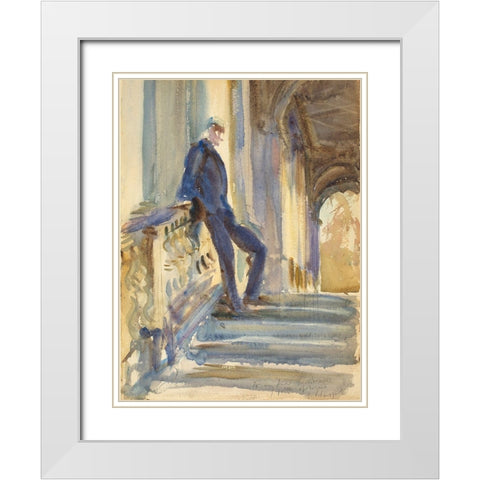 Sir Neville Wilkinson on the Steps of the Palladian Bridge at Wilton House White Modern Wood Framed Art Print with Double Matting by Sargent, John Singer