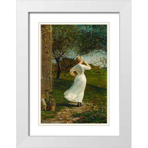 The Dinner Horn (Blowing the Horn at Seaside) White Modern Wood Framed Art Print with Double Matting by Homer, Winslow