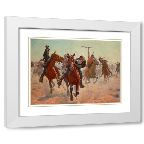 Gilcrease, Breaking through the line White Modern Wood Framed Art Print with Double Matting by Schreyvogel, Charles