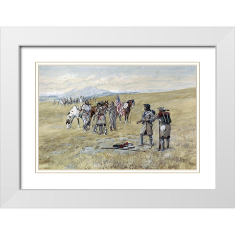 Captain Lewis Meeting the Shoshones White Modern Wood Framed Art Print with Double Matting by Russell, Charles Marion