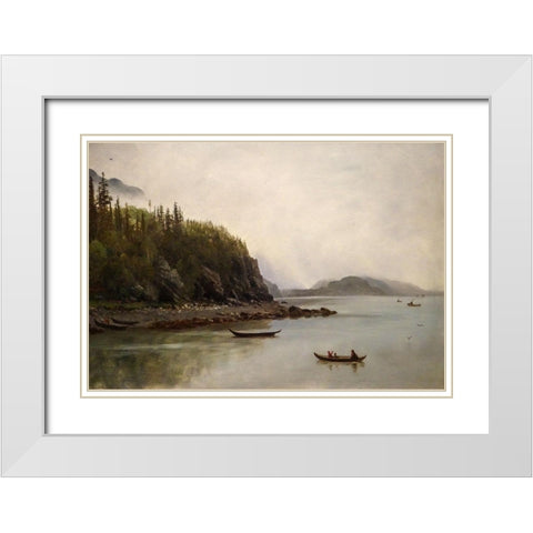 Indians Fishing White Modern Wood Framed Art Print with Double Matting by Bierstadt, Albert