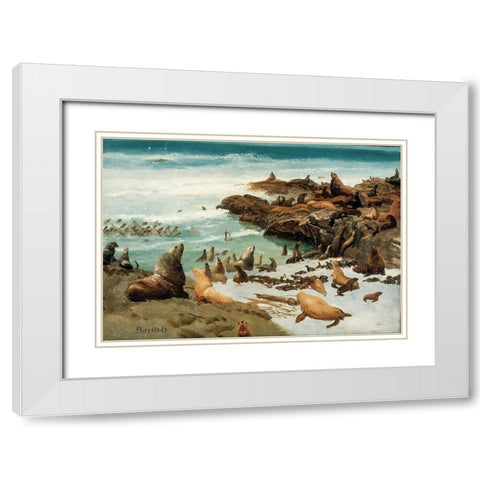 Seal Rocks, Farallons White Modern Wood Framed Art Print with Double Matting by Bierstadt, Albert