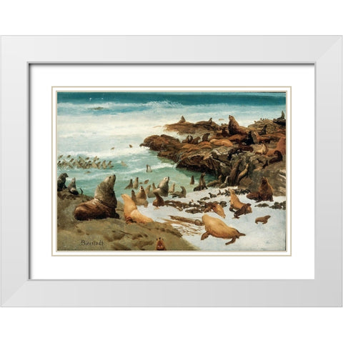 Seal Rocks, Farallons White Modern Wood Framed Art Print with Double Matting by Bierstadt, Albert