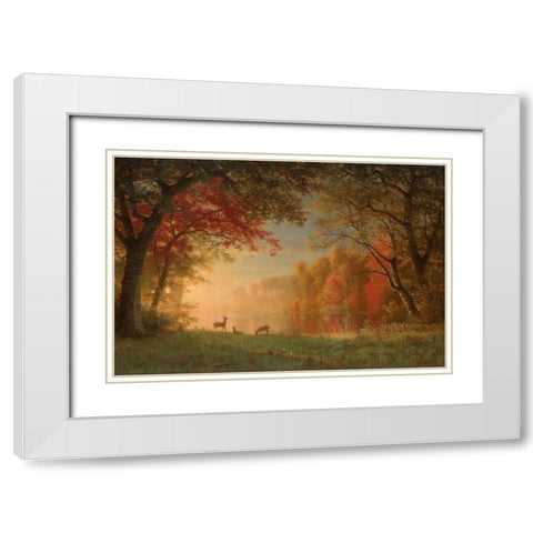 Indian Sunset, Deer by a Lake White Modern Wood Framed Art Print with Double Matting by Bierstadt, Albert