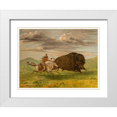 Indian Killing Buffalo with Bow and Arrow White Modern Wood Framed Art Print with Double Matting by Catlin, George
