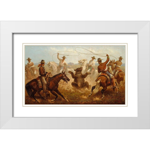 Cowboys Roping a Bear White Modern Wood Framed Art Print with Double Matting by Walker, James