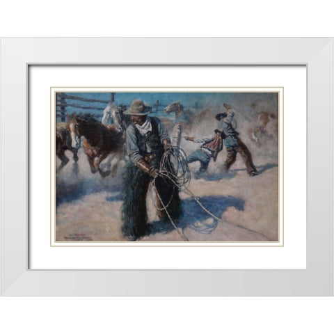 Roping Horses in the Corral White Modern Wood Framed Art Print with Double Matting by Wyeth, N.C.