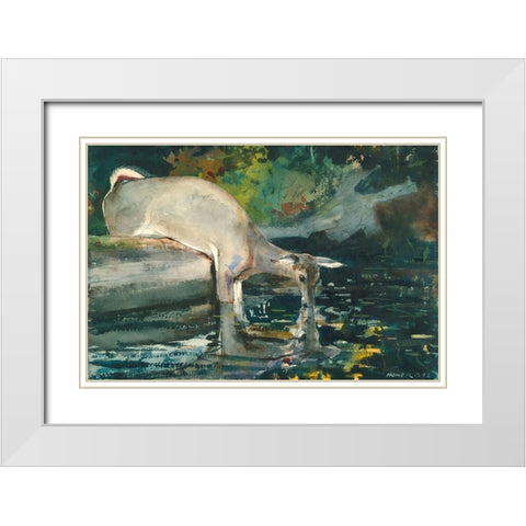 Deer Drinking White Modern Wood Framed Art Print with Double Matting by Homer, Winslow