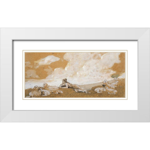 Girl and sheep White Modern Wood Framed Art Print with Double Matting by Homer, Winslow