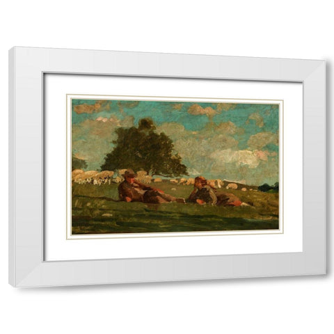 Boy and Girl in a Field with Sheep White Modern Wood Framed Art Print with Double Matting by Homer, Winslow