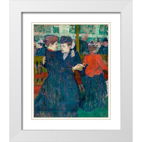 At the Moulin-Rouges, Two Women Walzing White Modern Wood Framed Art Print with Double Matting by Toulouse-Lautrec, Henri de