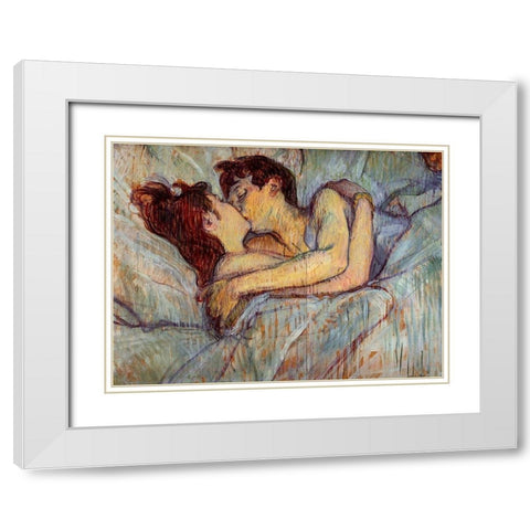 In Bed, The Kiss White Modern Wood Framed Art Print with Double Matting by Toulouse-Lautrec, Henri de