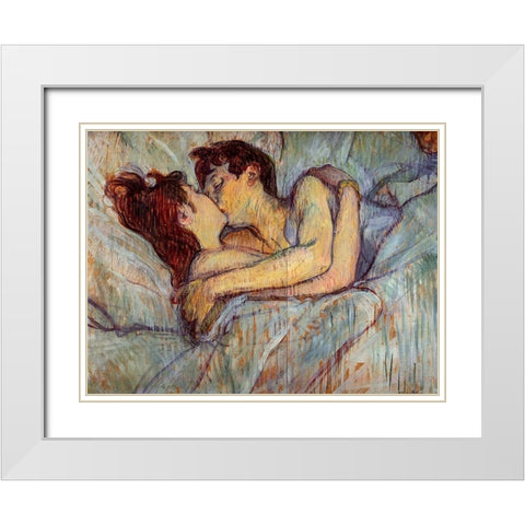 In Bed, The Kiss White Modern Wood Framed Art Print with Double Matting by Toulouse-Lautrec, Henri de
