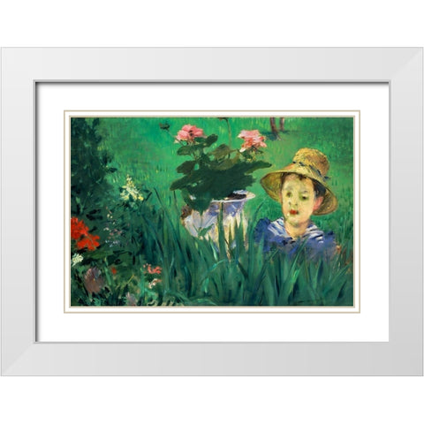 Boy in Flowers White Modern Wood Framed Art Print with Double Matting by Manet, Edouard