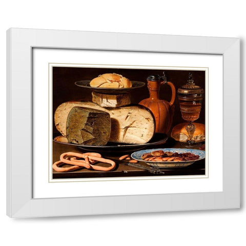 Still Life with Cheeses, Almonds and Pretzels White Modern Wood Framed Art Print with Double Matting by Peeters, Clara