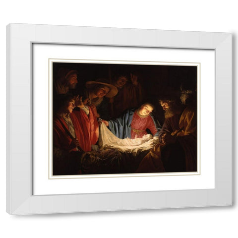Adoration of the Shepherds White Modern Wood Framed Art Print with Double Matting by van Honthorst, Gerard