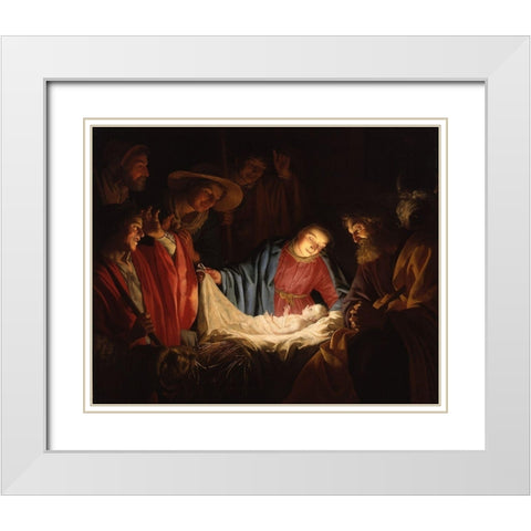 Adoration of the Shepherds White Modern Wood Framed Art Print with Double Matting by van Honthorst, Gerard