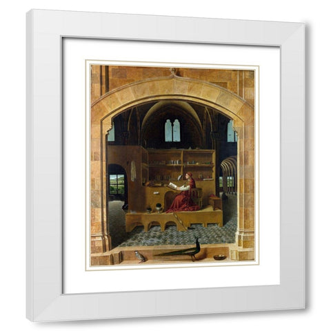 Saint Jerome in his Study White Modern Wood Framed Art Print with Double Matting by da Messina, Antonello