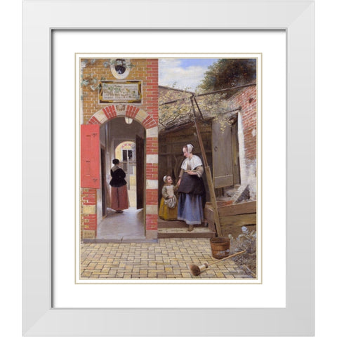 The Courtyard of a House in Delft White Modern Wood Framed Art Print with Double Matting by de Hooch, Pieter