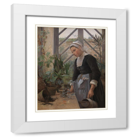 Brittany girl arranges plants in a greenhouse White Modern Wood Framed Art Print with Double Matting by Petersen, Anna