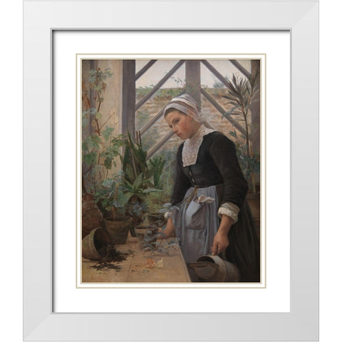 Brittany girl arranges plants in a greenhouse White Modern Wood Framed Art Print with Double Matting by Petersen, Anna