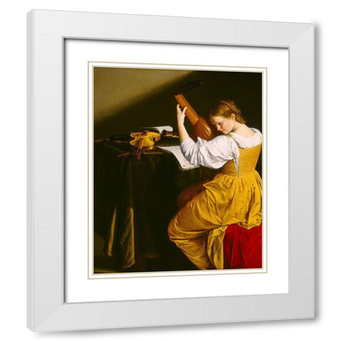 The Lute Player White Modern Wood Framed Art Print with Double Matting by Gentileschi, Orazio