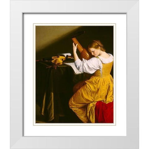 The Lute Player White Modern Wood Framed Art Print with Double Matting by Gentileschi, Orazio