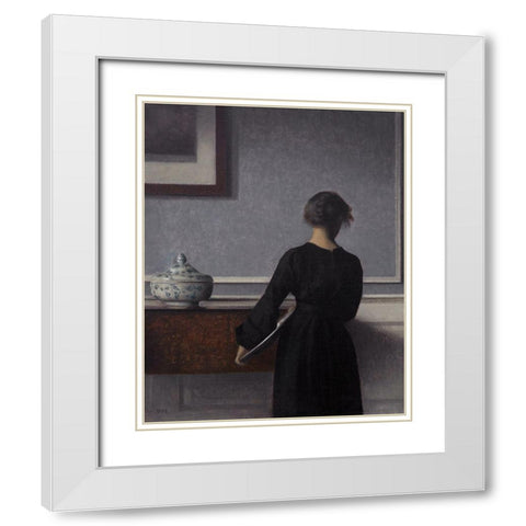 Interior with Young Woman Seen from the Back White Modern Wood Framed Art Print with Double Matting by Hammershoi, Vilhelm