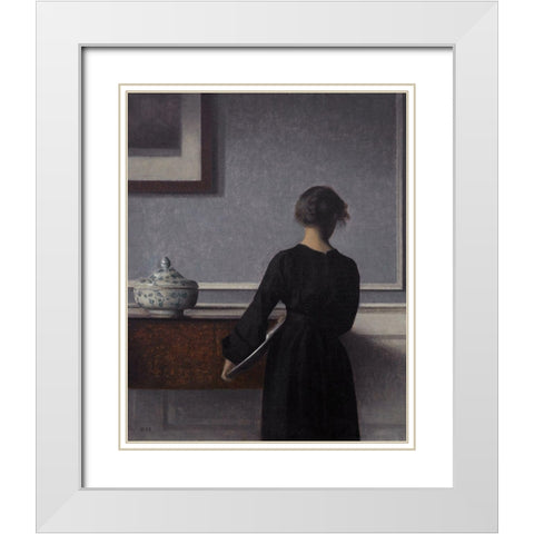 Interior with Young Woman Seen from the Back White Modern Wood Framed Art Print with Double Matting by Hammershoi, Vilhelm