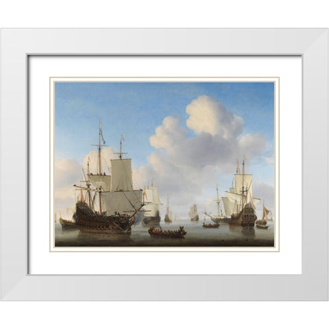 Dutch Ships in a Calm Sea White Modern Wood Framed Art Print with Double Matting by van de Velde, Willem the Younger